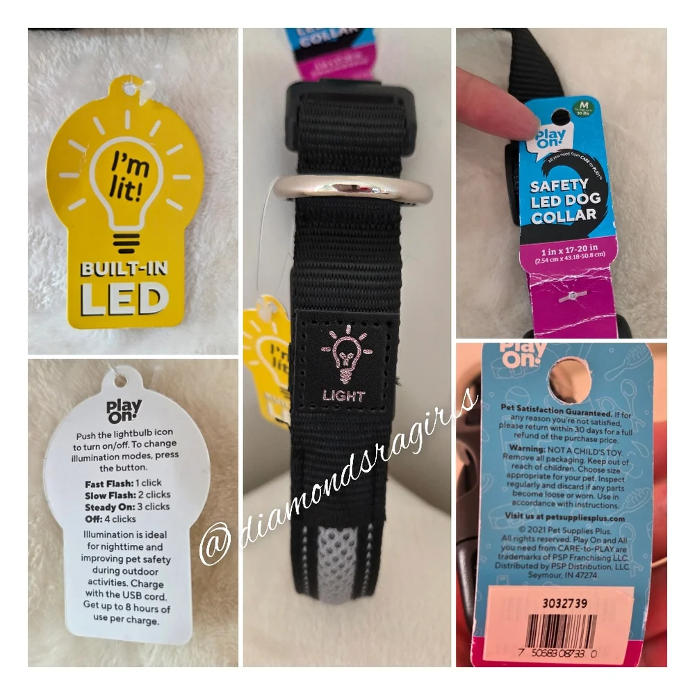 🦋2/$30 Safety LED Light & Reflective Dog Collar Black Gray Medium NWT